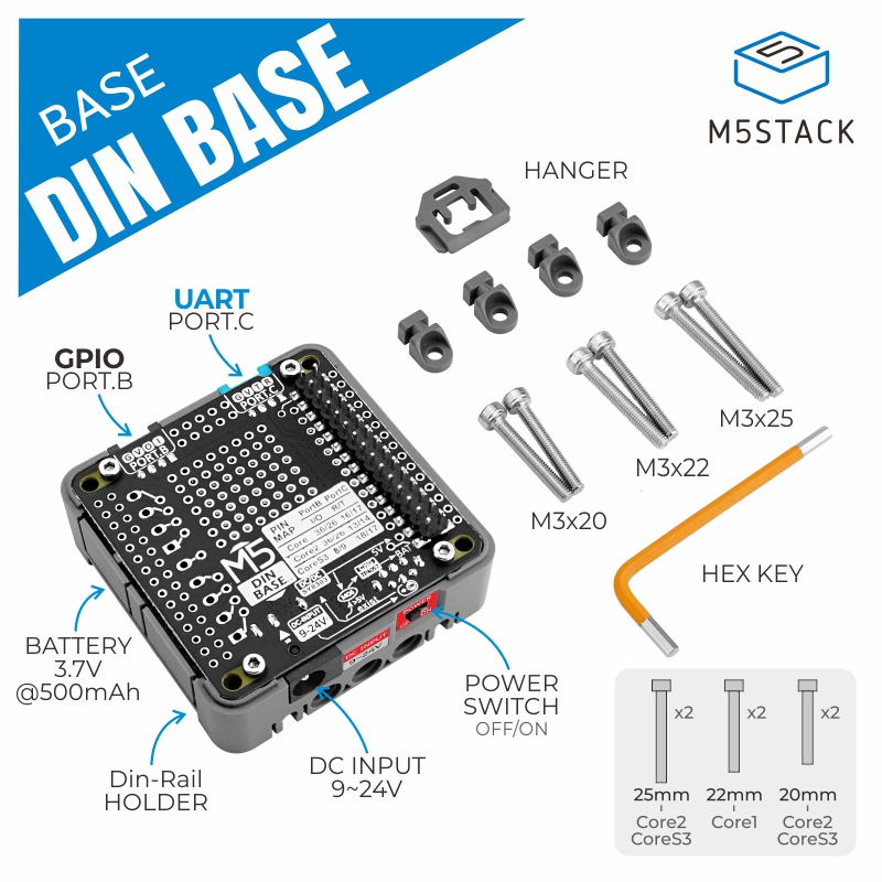 M5Stack - M5Stack Resmi Din Tabanı, 500mAh Pil